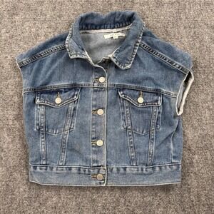 PacSun Women XS Blue Denim Cropped Vest Raw Hem Sleeveless‎ Jacket Flaw